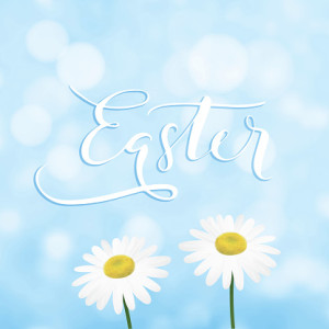 Happy Easter greeting card, invitation with handwritten text, daisy or marguerite flowers and blue sky. Modern blurred spring background with bokeh lights. Vector illustrations.
