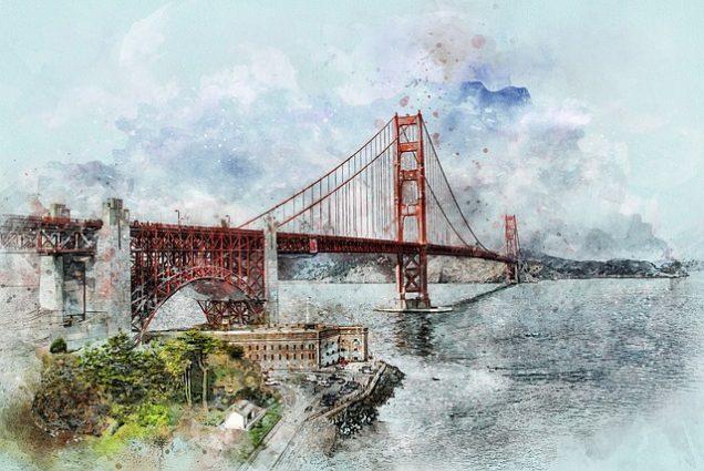 Braun Station Apartments in San Antonio A watercolor painting of the golden gate bridge in San Francisco.