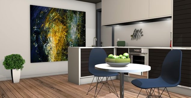 Braun Station Apartments in San Antonio A 3d rendering of a kitchen with a painting on the wall in Braun Station Apartments for rent in San Antonio.